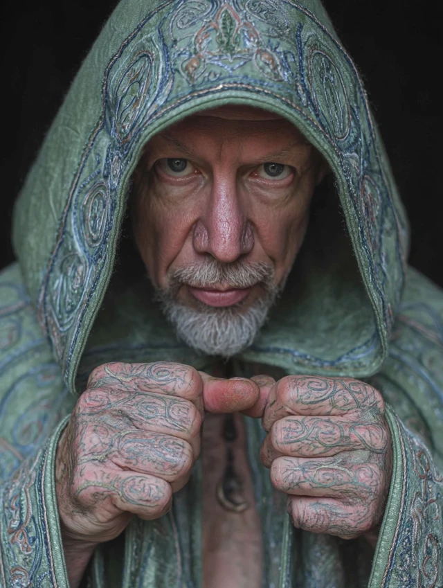 Mystical Sorcerer in Green Hood Casting a Spell