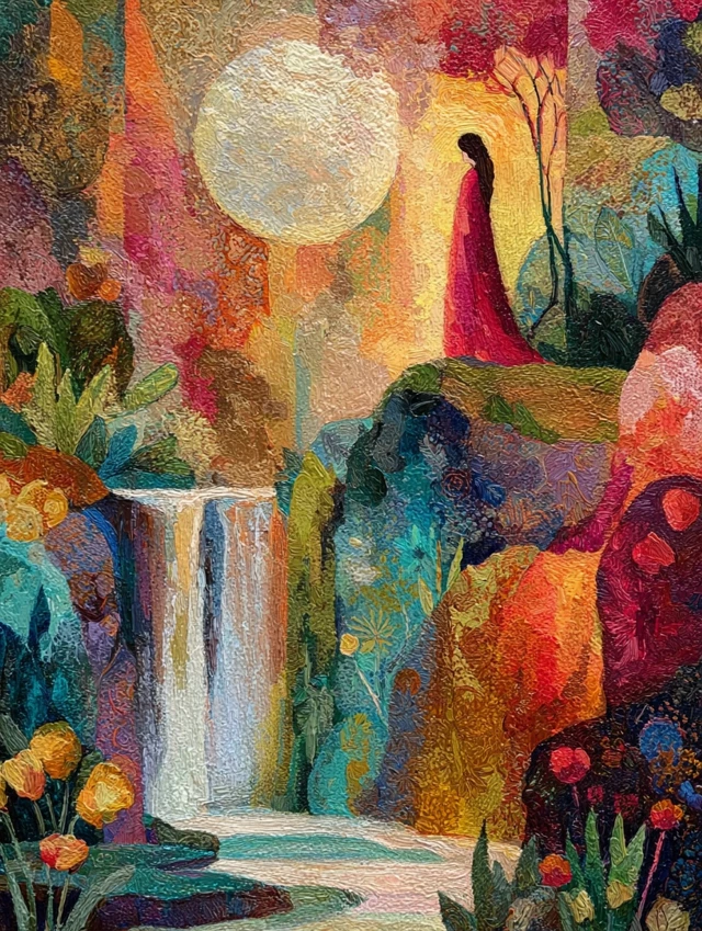 Pink Fairy Waterfall Painting Art Nouveau Style