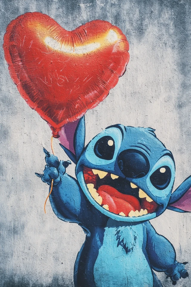 Stitch Banksy Mural Art with Heart Balloon