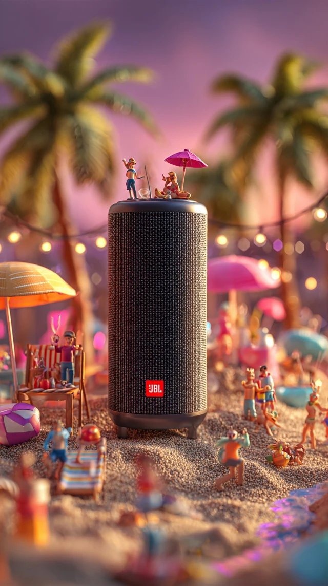 JBL Speaker on Beach Party Macro Shot Product Ad
