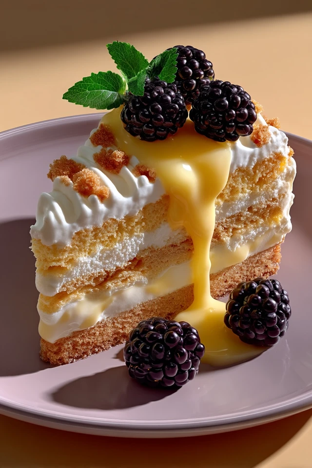 Vanilla Cake Slice with Condensed Milk and Blackberries