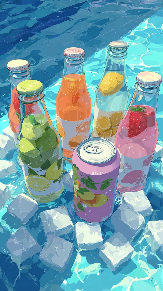 Fruit Drinks in Pool Dreamy Anime Art