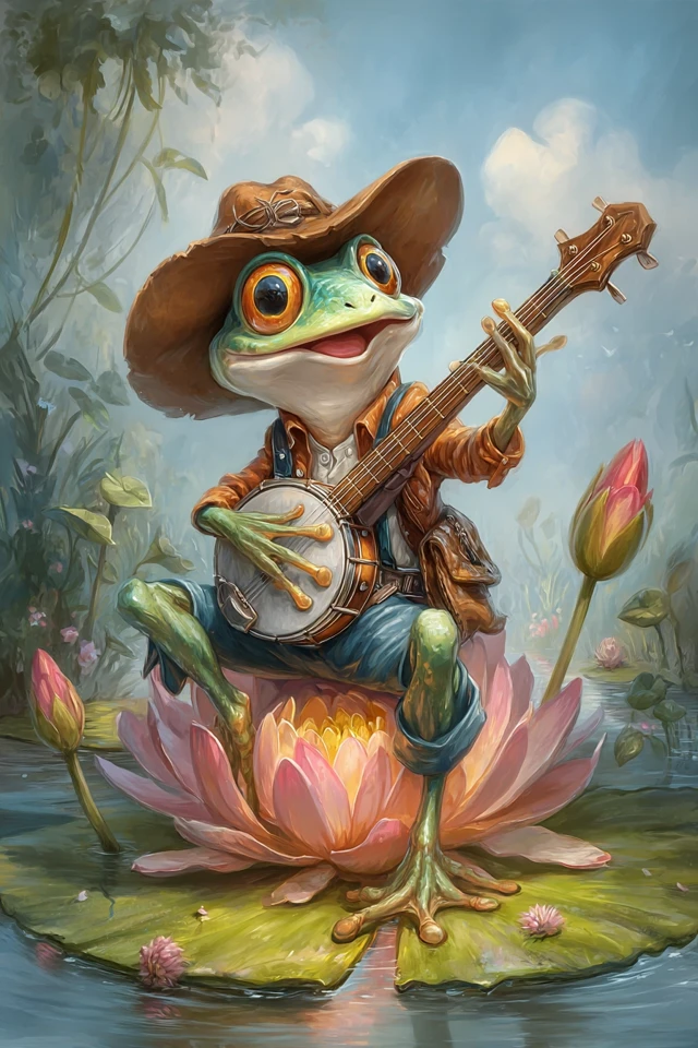 Banjo Playing Frog Illustration in Tiago Hoisel Style