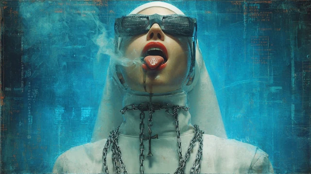 Cyberpunk Nun Smoking Chains and Laughing