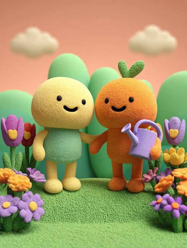 Cute 3D Characters in a Garden Childrens Book Illustration