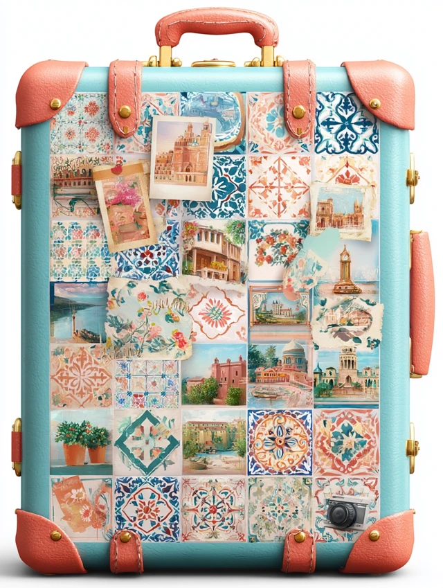 Vintage Suitcase with Moroccan Patterns and Travel Stickers