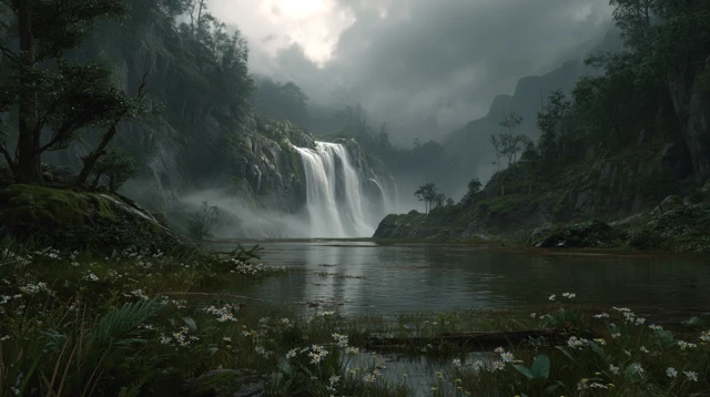 Cinematic Waterfall Scene in a Misty Forest