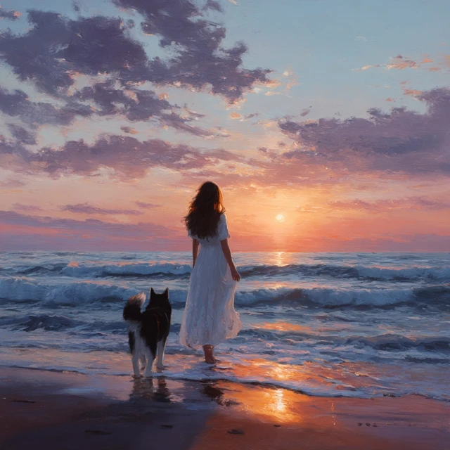 Girl Dog Sunset Beach Beautiful Scene