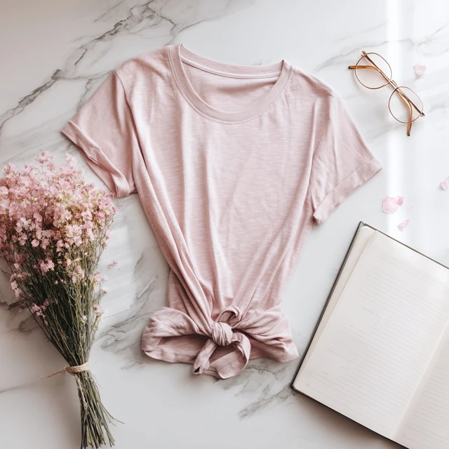 Pink T Shirt Mockup with Flowers Notebook and Pen