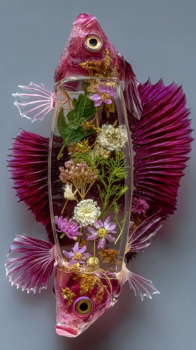 Hyperrealistic Betta Fish Art with Dried Flowers