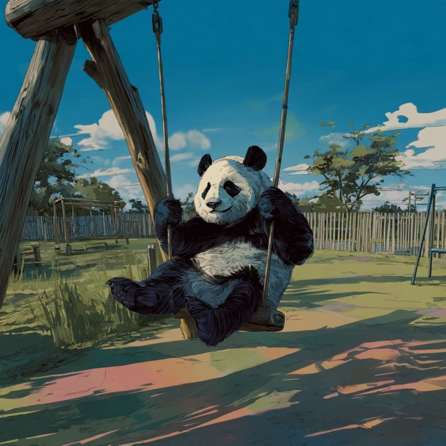 Panda on a Swing in a Childrens Park