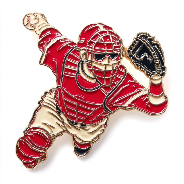 Baseball Catcher Enamel Pin Red Jersey Action Pose