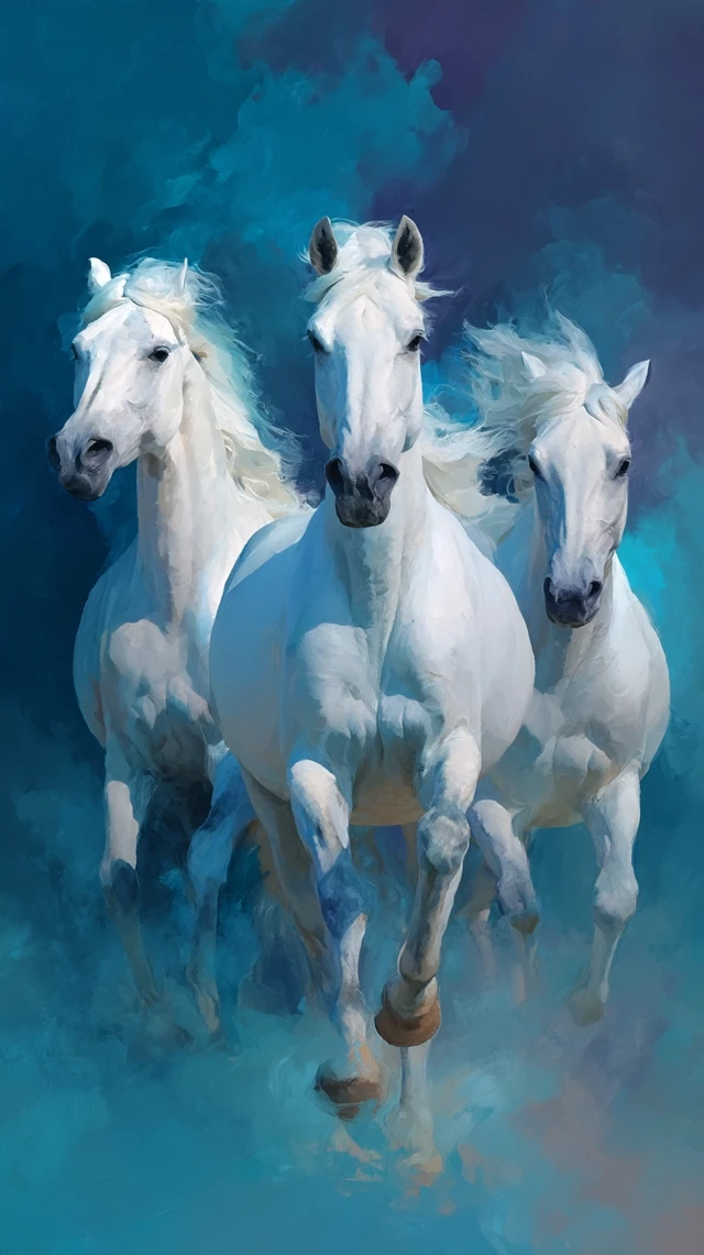White Horses Running Abstract Blue Background