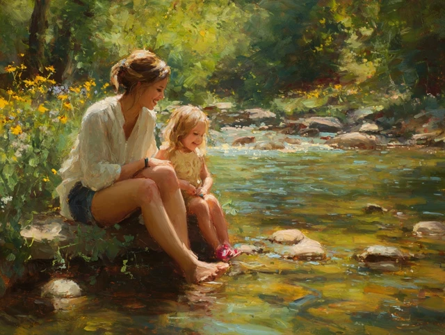 Mother and Daughter by the Creek - Golden Hour