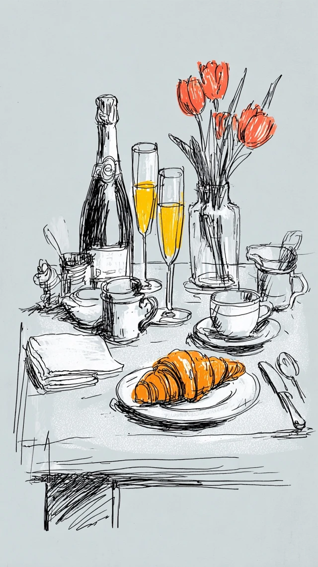 Brunch Table Illustration Champagne Croissant Tulips
