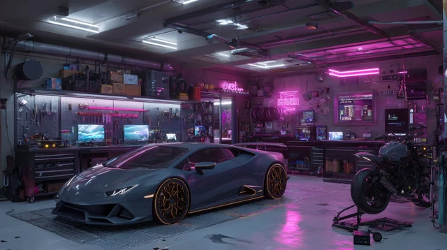Synthwave Garage Workshop Futuristic Car and Motorcycle