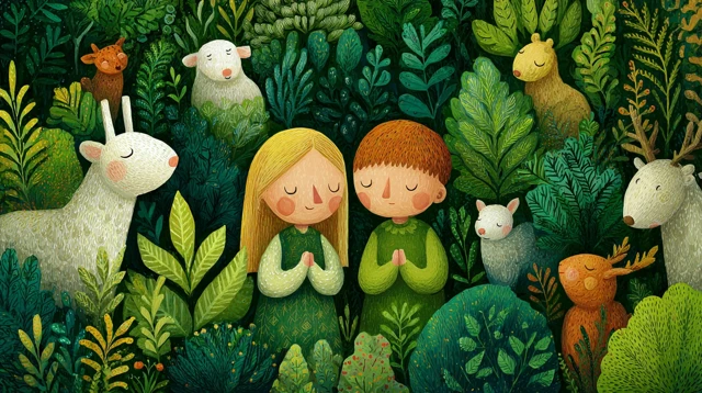 Children and Animals in a Forest Naive Art