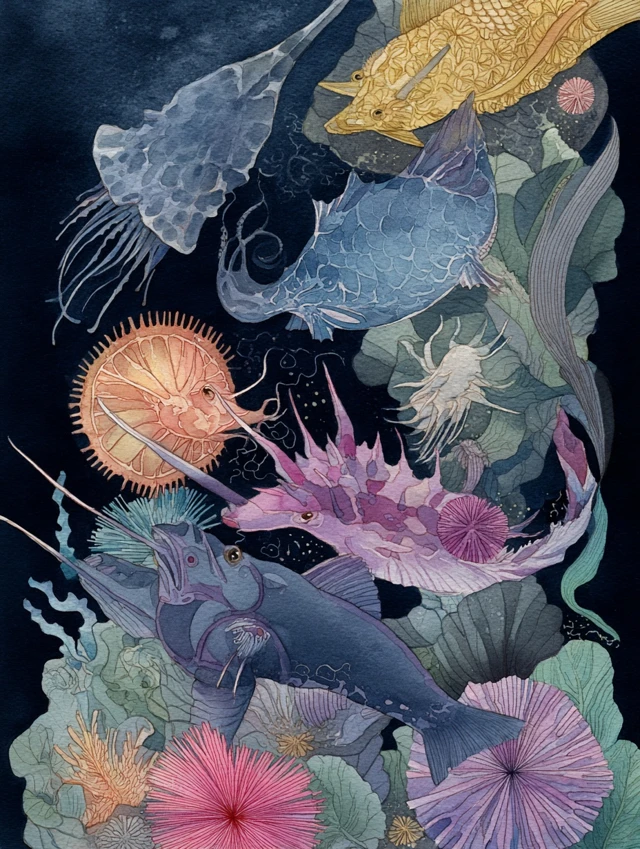 Watercolor Ocean Creatures Calming Underwater Scene
