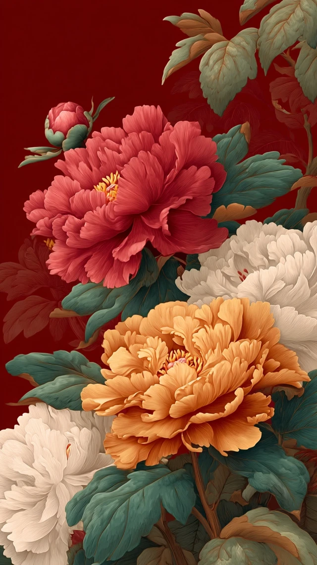 Chinese Peonies Red Gold Floral Painting Wallpaper