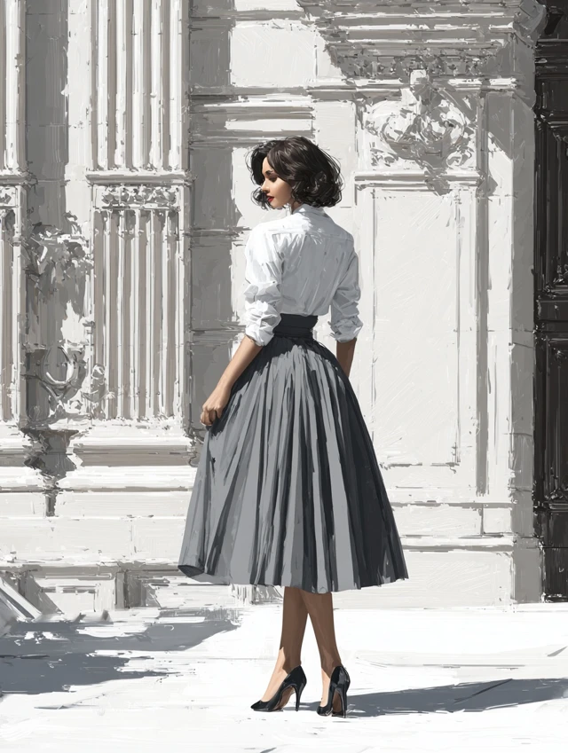 Elegant Model in Pleated Skirt Urban Setting