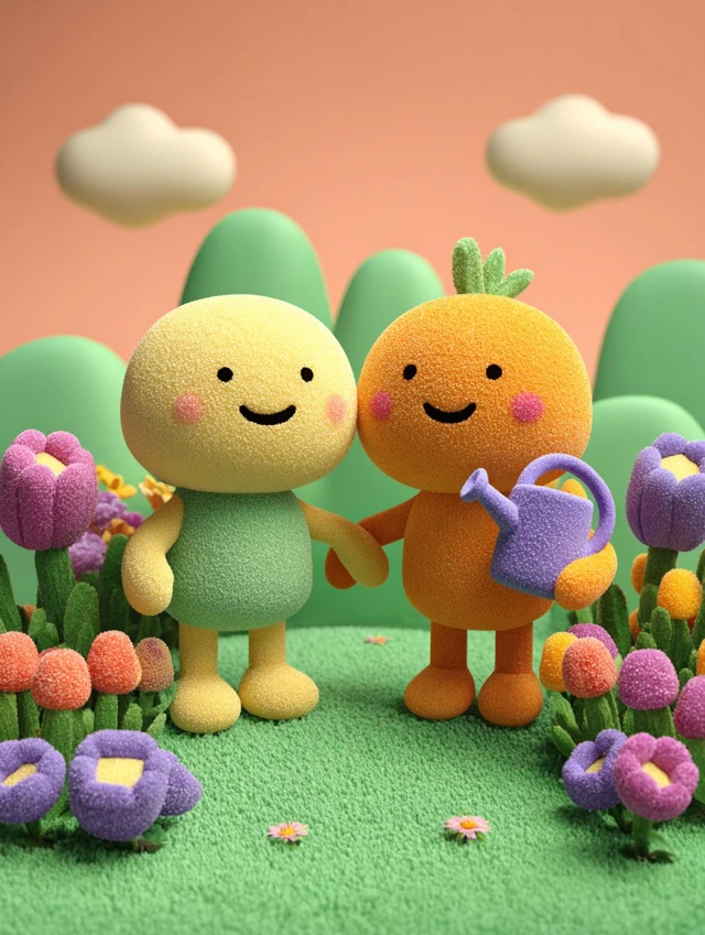 Cute 3D Characters in a Garden Childrens Book Illustration