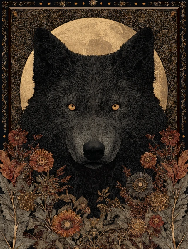 Mystical Wolf with Golden Eyes and Floral Design