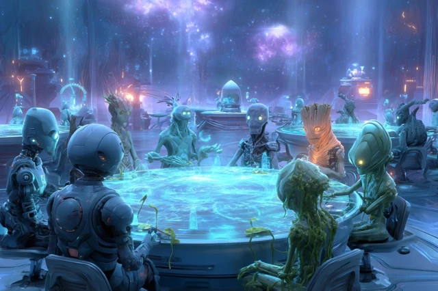 Cosmic Alien Meeting Futuristic SciFi 3D Scene