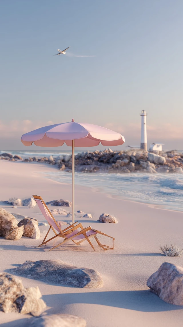 Dreamy Beach Scene Pink and Blue Tones Relaxing Coastal Vibe