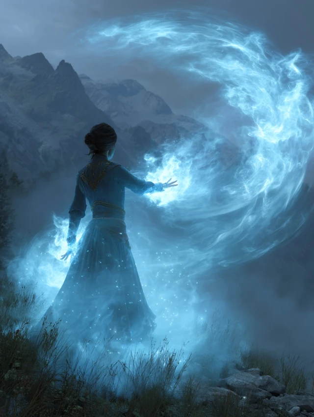 Mist Mage Casting Magic in a Fantasy Landscape