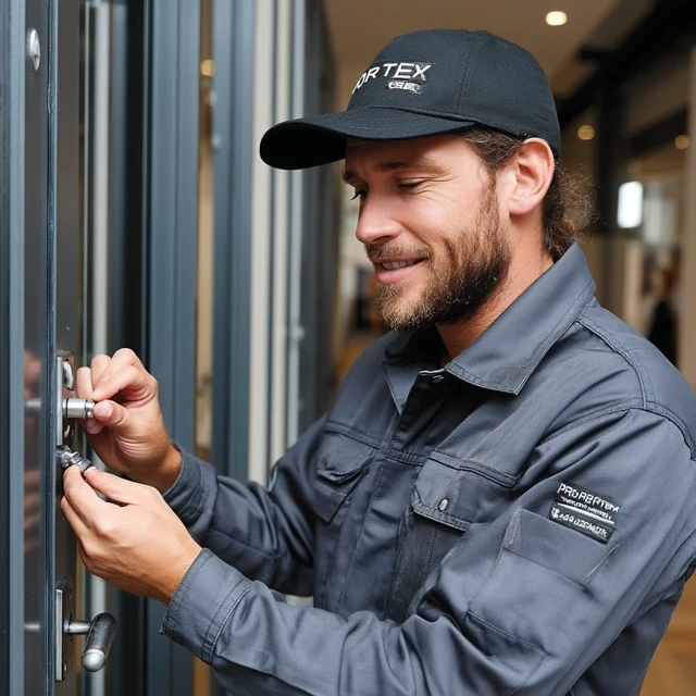 Man repairing automatic door at a shopping mall