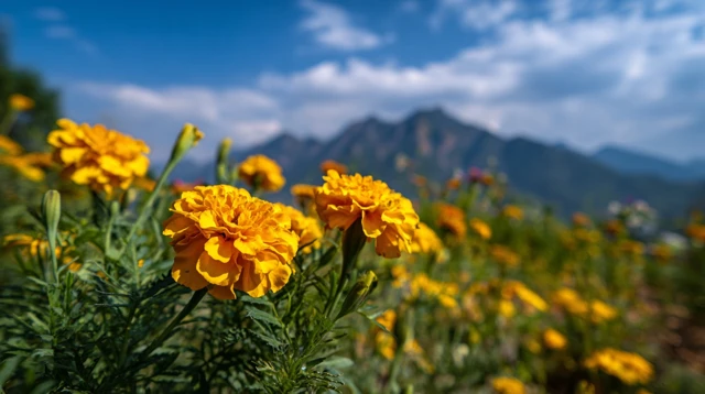 Vibrant Yellow Marigold Flower and Mountain Landscape