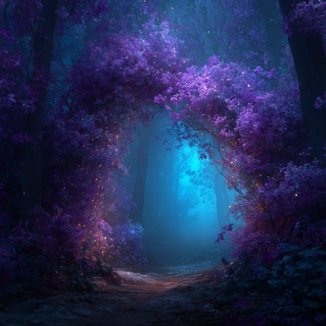 Enchanted Forest Path Glowing Purple Flowers