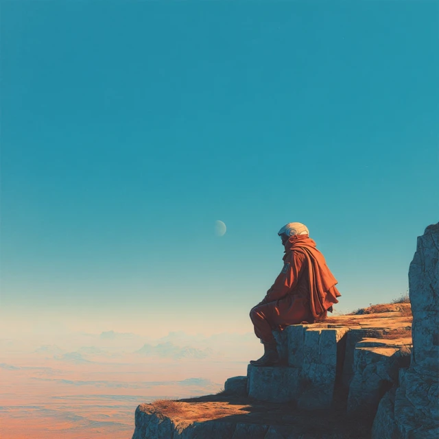 SciFi Explorer on a Cliffside A Moebius Psychedelic Scene
