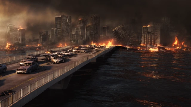 Apocalyptic City Destroyed Burning Bridge