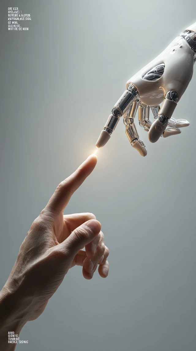 Human and Robot Hands Touching Futuristic Concept