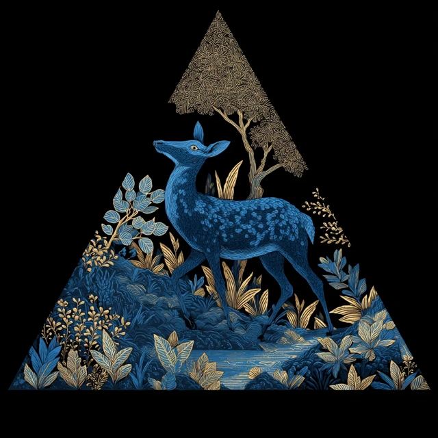 Blue Deer Ukiyo e Art Forest and Mountain Motif