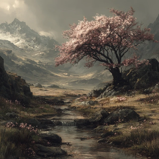 Cherry Blossom Tree in a Field with Stream Landscape