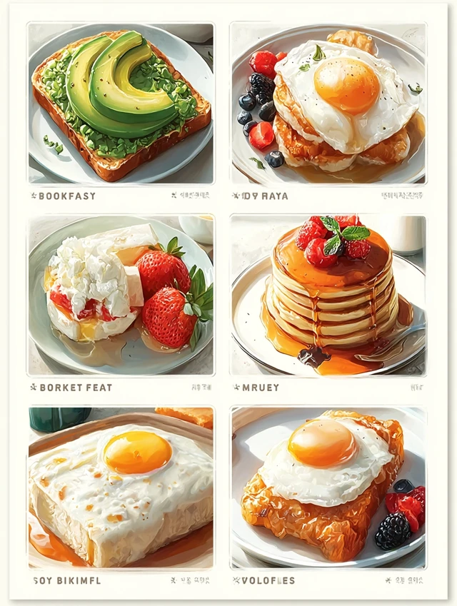 Breakfast Food Illustrations: Avocado Toast and Pancakes