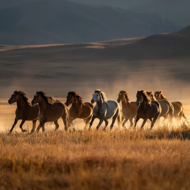 Nine Horses Running Across the Grassland