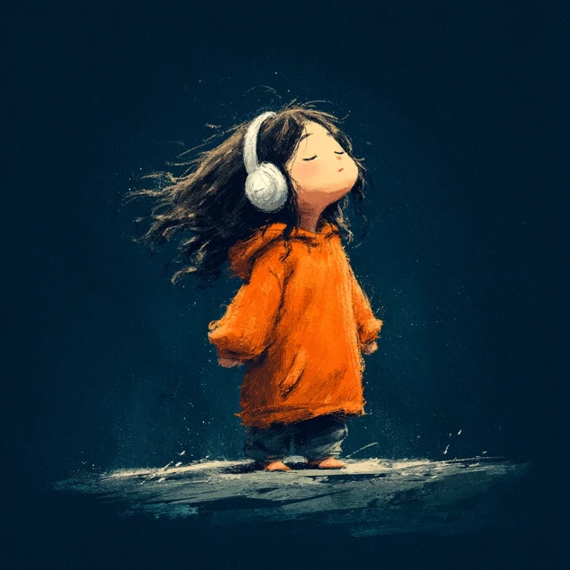 Cute Cartoon Girl with Headphones Listening to Music