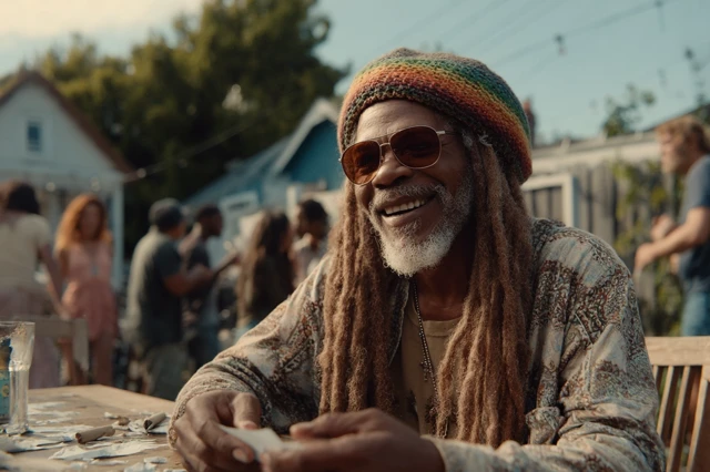 Man with dreadlocks at backyard barbecue scene