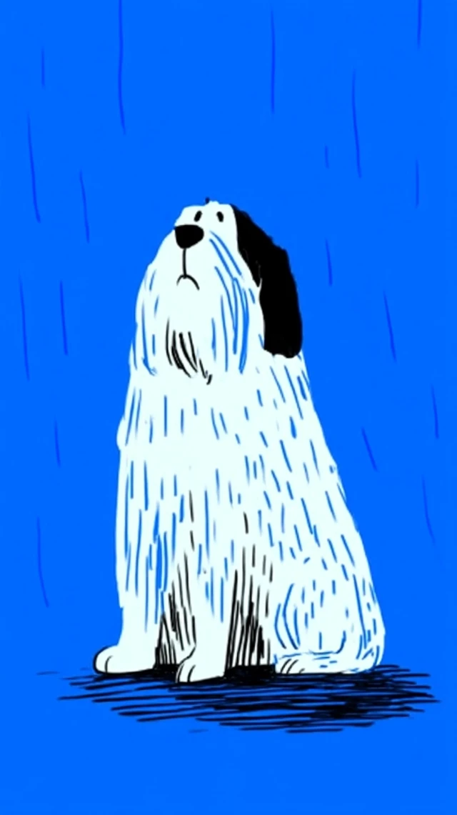 Sad Puppy Illustration Minimalist Blue Background