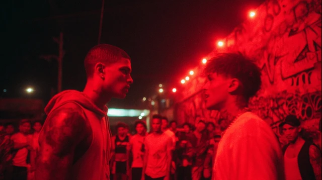 Favela Confrontation Neon Night Gritty Urban Scene
