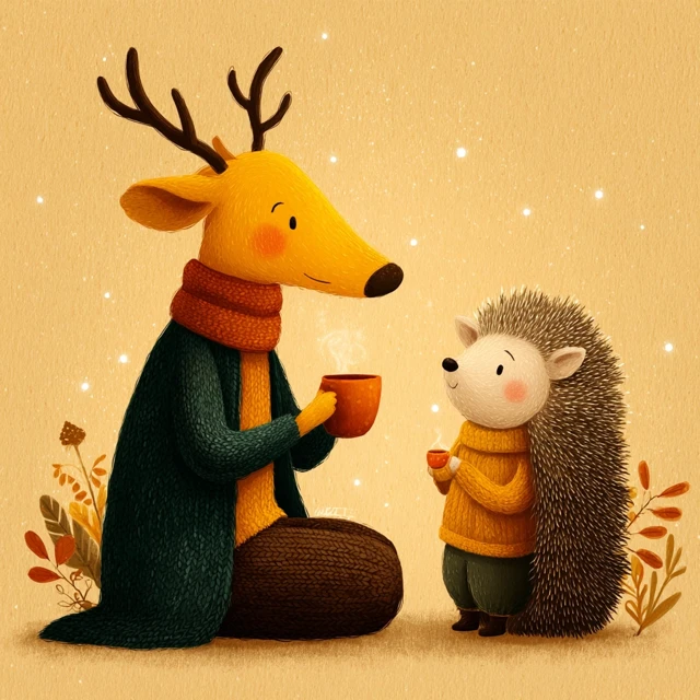 Cozy Winter Illustration: Deer and Hedgehog