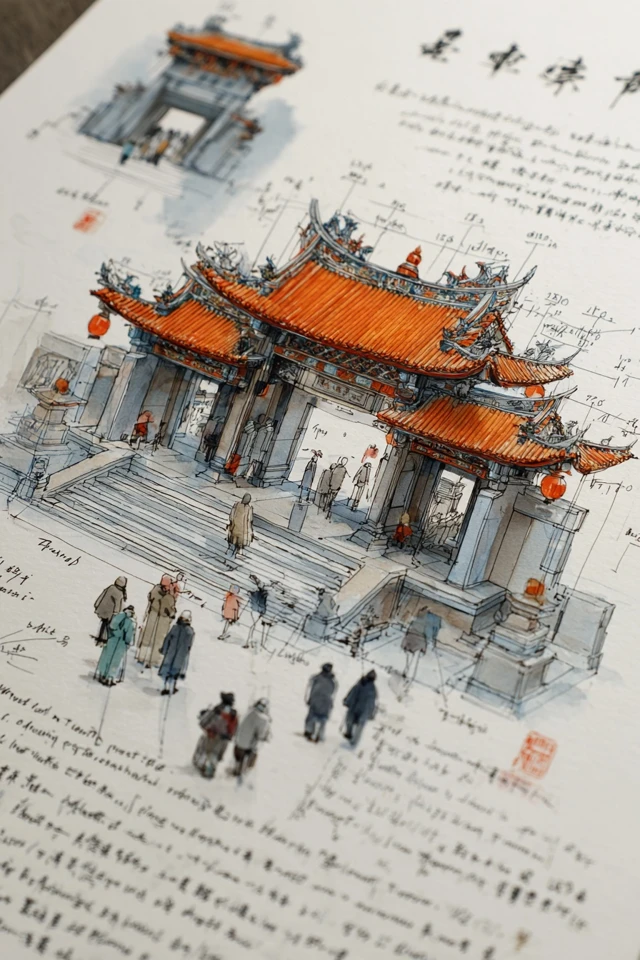 Hong Kong Temple Architectural Sketch on iPad Pro