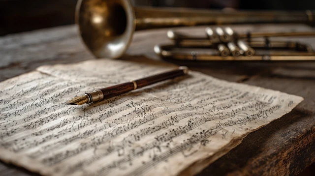Old Music Manuscript and Trombone on Wooden Table