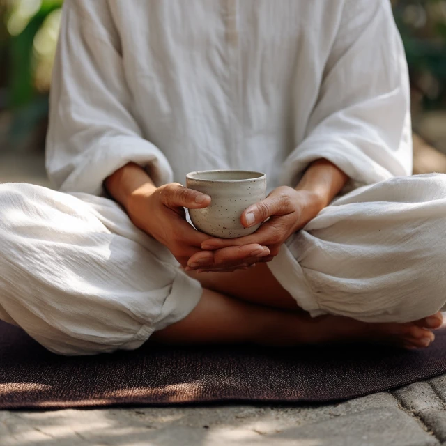 Meditating Woman in Zen Garden Holding Cup