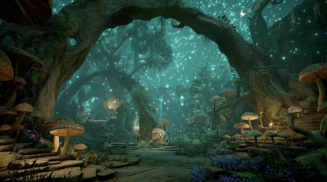 Dreamlike Forest with Glowing Fungi and Mythical Carvings