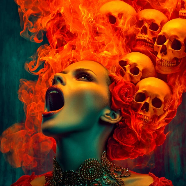 Woman Screaming Fire Skulls Horror Art