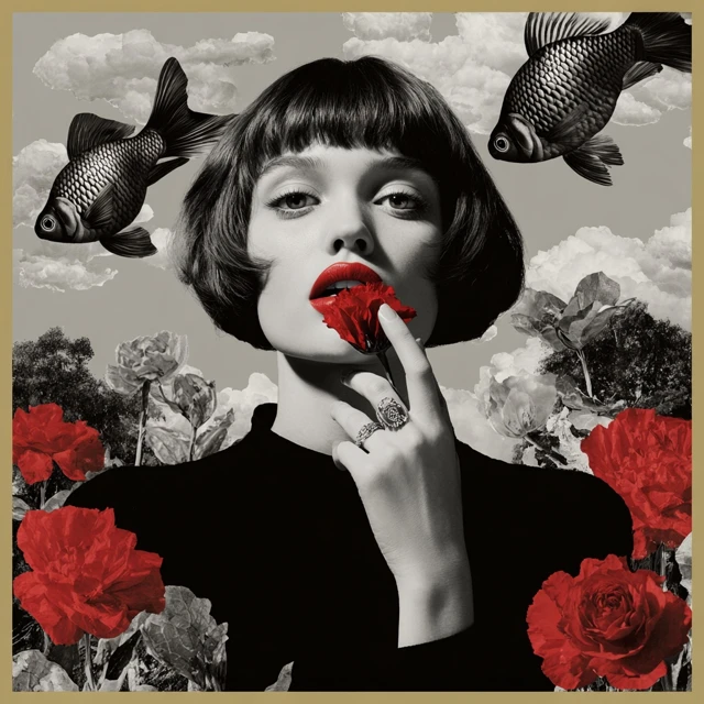 Woman with Red Rose and Fish Surreal Art